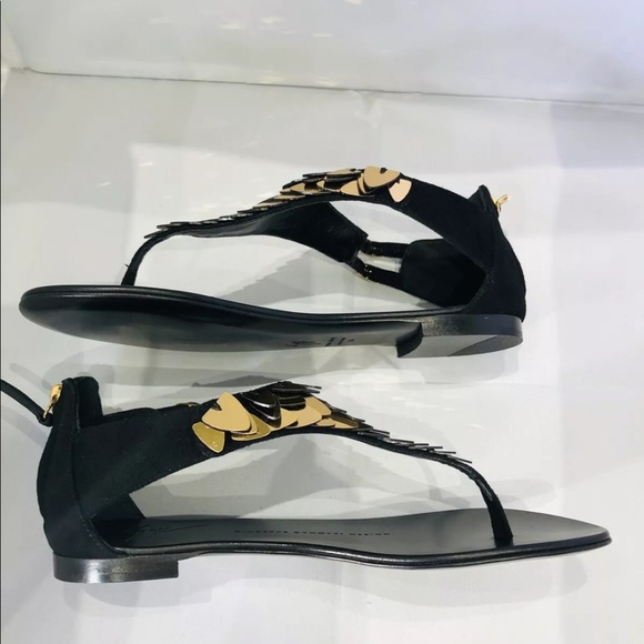 Giuseppe Zanotti Black Suede Gold Leaf Sandals 5.5 - Picture 8 of 9